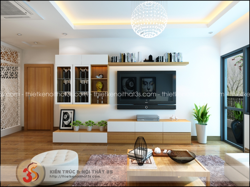 Ti vi treo tường kết hợp với tủ rượu và kệ sách