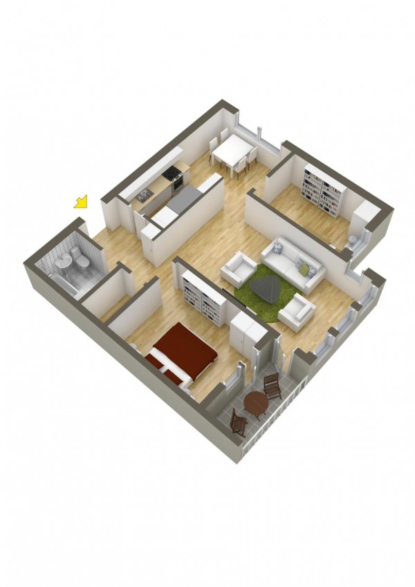 This layout puts the two bedrooms on opposite sides of the house  but with only one bathroom, that's not so convenient for one of the occupants.