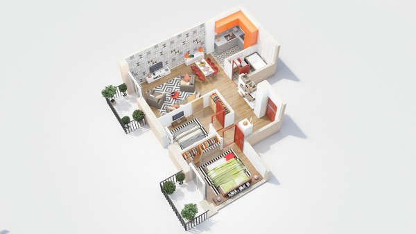 This layout has the two bedrooms directly adjacent, which doesn't allow for a ton of privacy, but is great for a couple who wants a guest room.